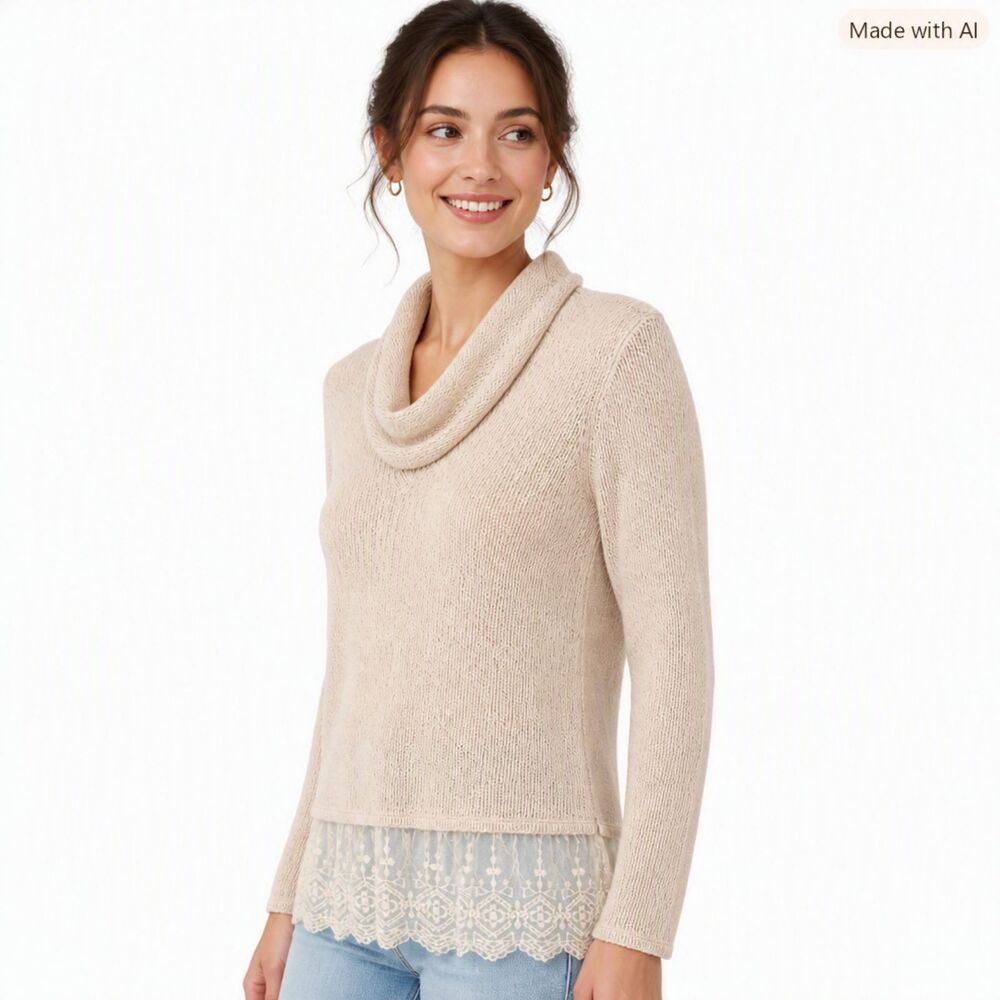 Cream Knit Cowl Neck Sweater with Lace Hem – Romantic Boho XS
